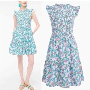 J. Crew Women's Mini Dress white Blue Pink Floral smocked Cotton Sz XS